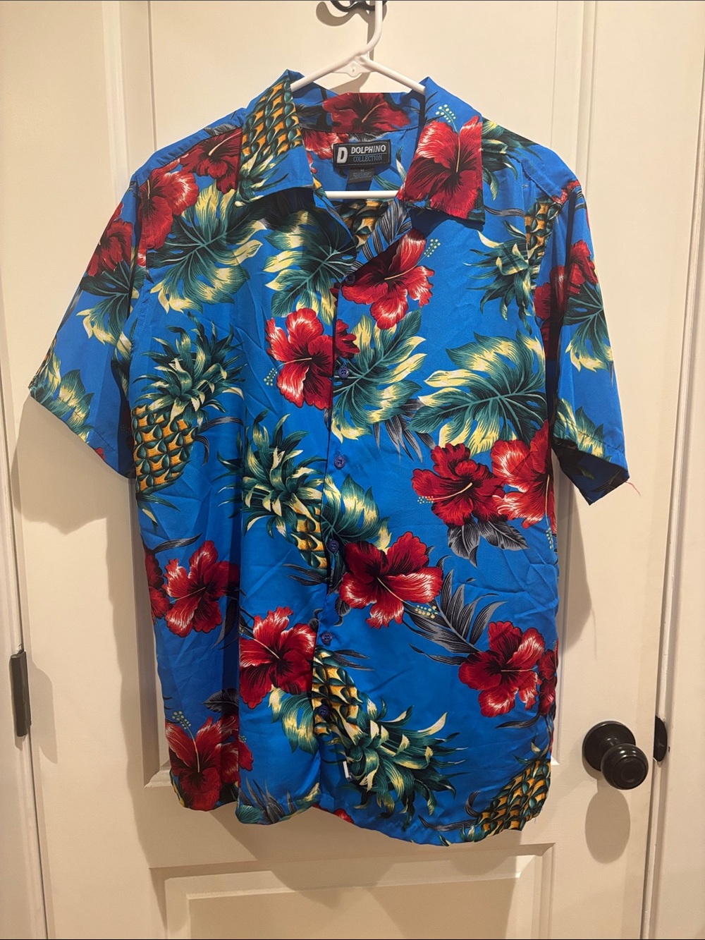 Blue Tropical Hawaiian Shirt with Red Floral Print